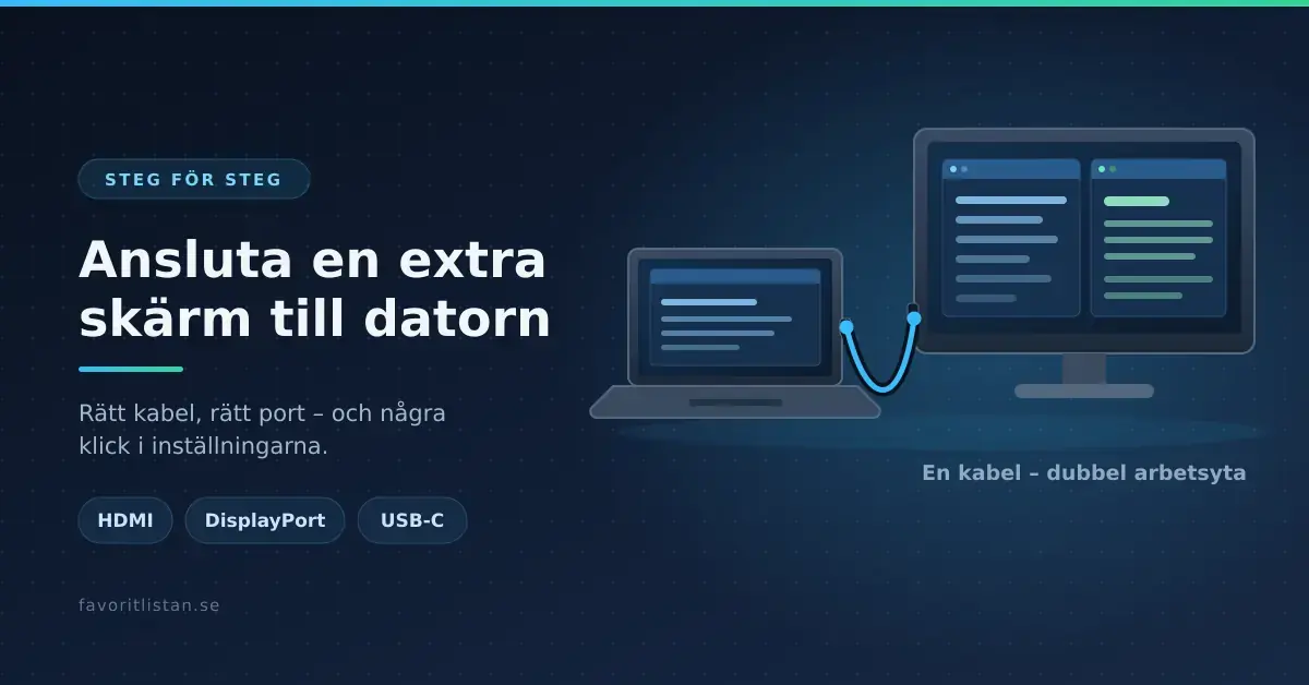 Illustration av en bärbar dator som är ansluten med kabel till en extra bildskärm, med rubriken "Ansluta en extra skärm till datorn" och anslutningarna HDMI, DisplayPort och USB-C.