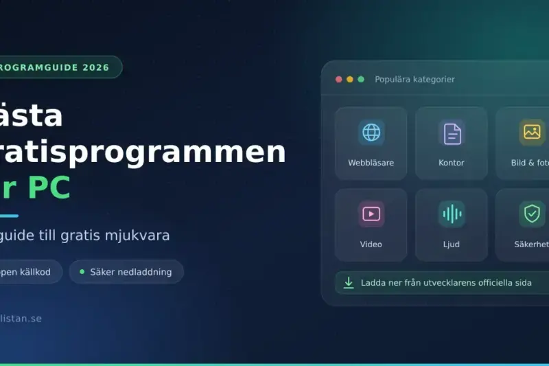 Grafik med rubriken "Bästa gratisprogrammen för PC" och ett fönster med ikoner för kategorierna webbläsare, kontor, bild, video, ljud och säkerhet.
