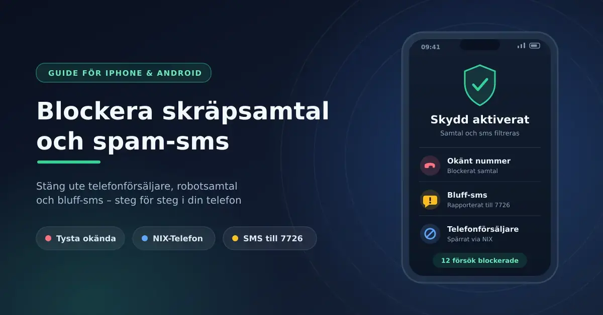 Illustration med rubriken "Blockera skräpsamtal och spam-sms" bredvid en mobilskärm som visar aktiverat skydd med blockerat okänt nummer, bluff-sms rapporterat till 7726 och telefonförsäljare spärrade via NIX.