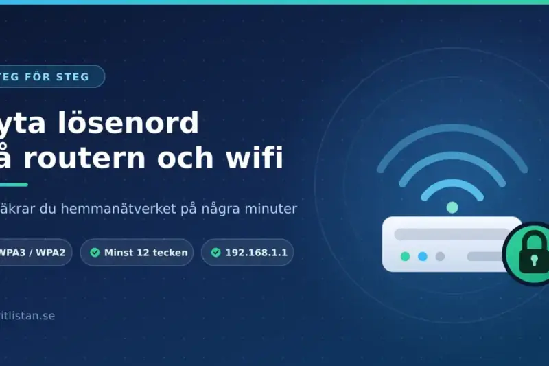 Illustration av en router med wifi-signaler och ett grönt hänglås, med texten "Byta lösenord på routern och wifi" och tipsen WPA3/WPA2, minst 12 tecken och adressen 192.168.1.1.