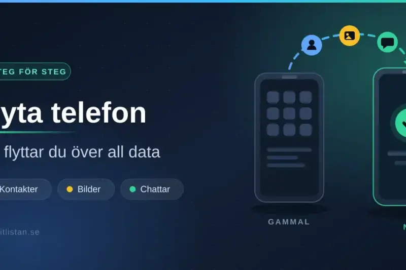 Grafik som visar hur data flyttas från en gammal telefon till en ny, med ikoner för kontakter, bilder och chattar samt rubriken "Byta telefon – så flyttar du över all data".
