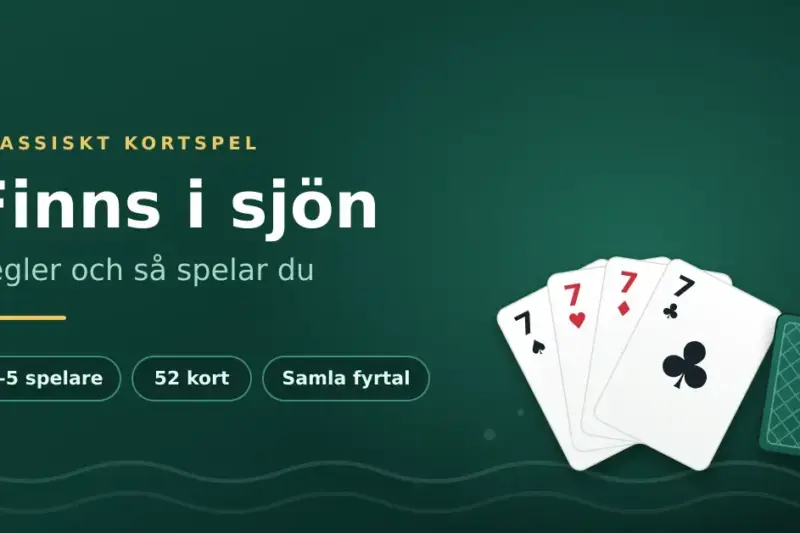 Grafik för kortspelet Finns i sjön med fyra sjuor i solfjäder och en kortlek med baksidan uppåt på grönt spelbord.