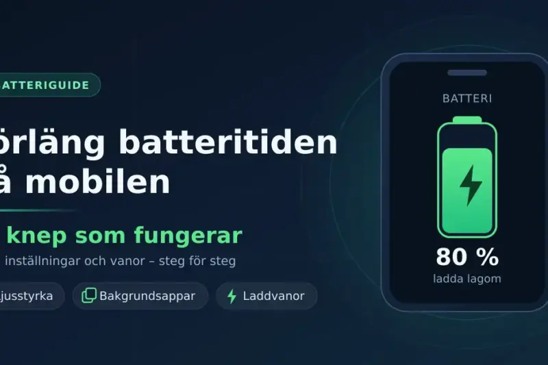 Grafik med texten ”Förläng batteritiden på mobilen – 15 knep som fungerar” bredvid en illustrerad mobiltelefon som visar ett grönt batteri laddat till 80 procent.