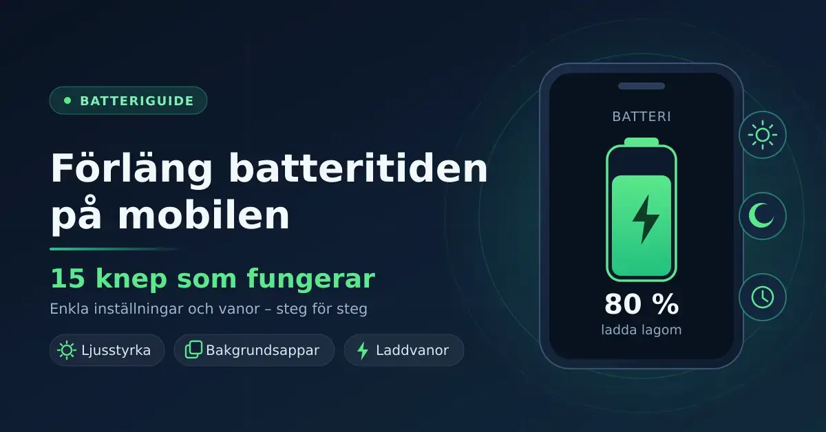 Grafik med texten ”Förläng batteritiden på mobilen – 15 knep som fungerar” bredvid en illustrerad mobiltelefon som visar ett grönt batteri laddat till 80 procent.