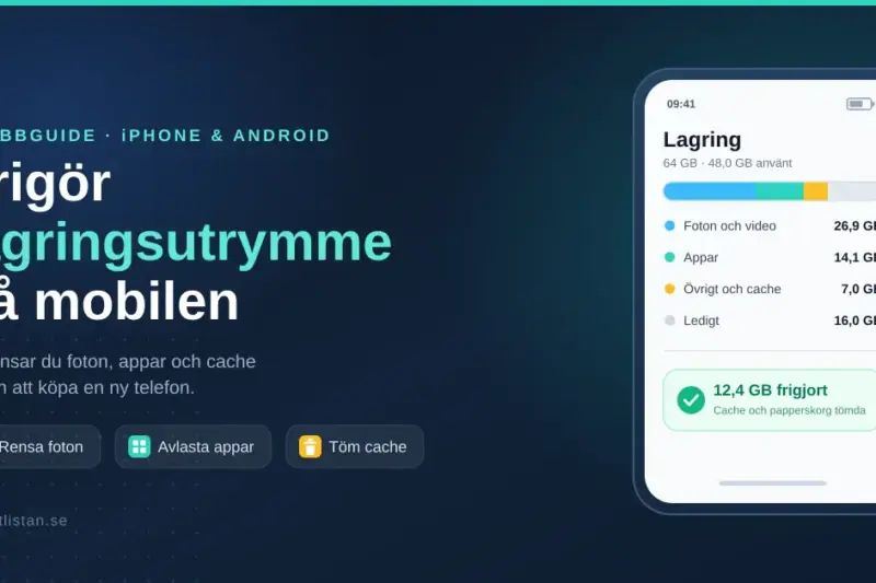 Illustration av en mobilskärm som visar en lagringsöversikt med färgade staplar för foton, appar och cache, bredvid rubriken ”Frigör lagringsutrymme på mobilen”.