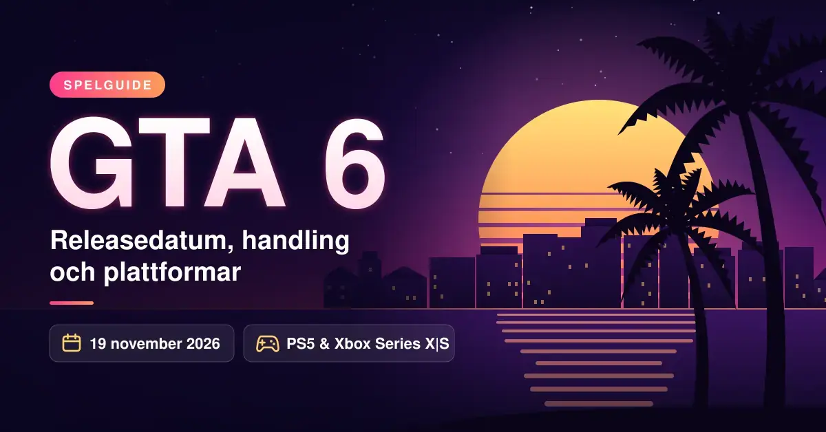Neonfärgad grafik med rubriken "GTA 6 – Releasedatum, handling och plattformar" samt releasedatumet 19 november 2026 och plattformarna PS5 och Xbox Series X|S, framför en solnedgång över en stadssiluett med hav och palmer.