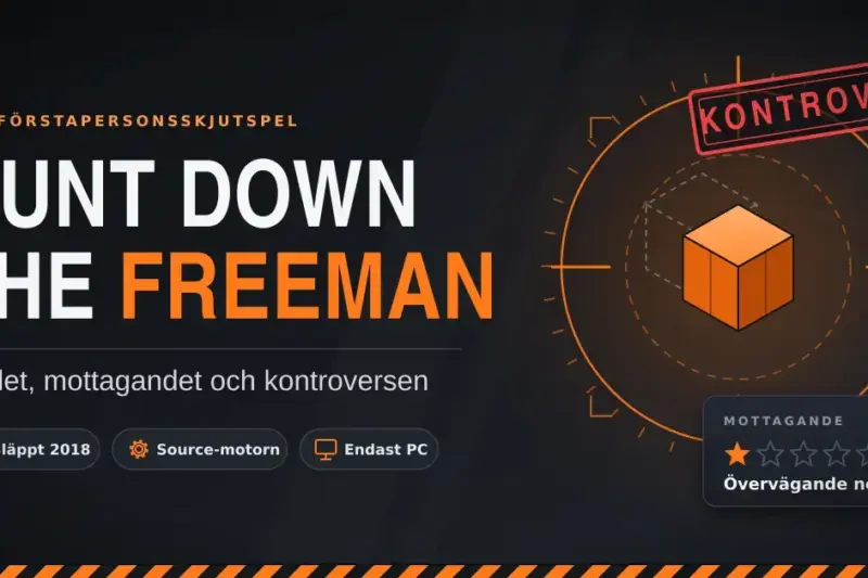 Mörk grafik med titeln Hunt Down the Freeman, ett orange sikte riktat mot en spelkub med en streckad kopia bakom sig, en röd KONTROVERS-stämpel och ett recensionskort med en av fem stjärnor och texten ”Övervägande negativt”.