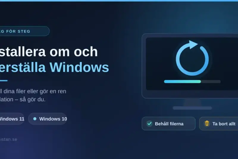 Illustration av en datorskärm med en återställningssymbol och förloppsindikator bredvid rubriken "Installera om och återställa Windows", med valen att behålla filerna eller ta bort allt.