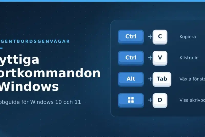 Grafik med rubriken "Nyttiga kortkommandon i Windows" bredvid illustrerade tangenter som visar Ctrl+C för kopiera, Ctrl+V för klistra in, Alt+Tab för växla fönster och Windows-tangenten+D för visa skrivbordet.