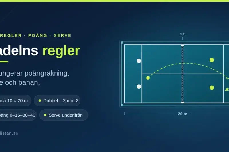 Illustration av en padelbana ovanifrån med glasväggar, nät och servelinjer bredvid texten "Padelns regler" och fakta om bana, poäng och serve.