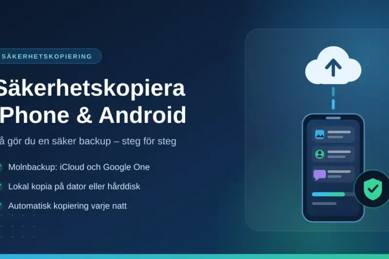 Illustration av säkerhetskopiering: en mobiltelefon med foton, kontakter och meddelanden som laddas upp till ett moln, med en sköld som symboliserar en säker backup.