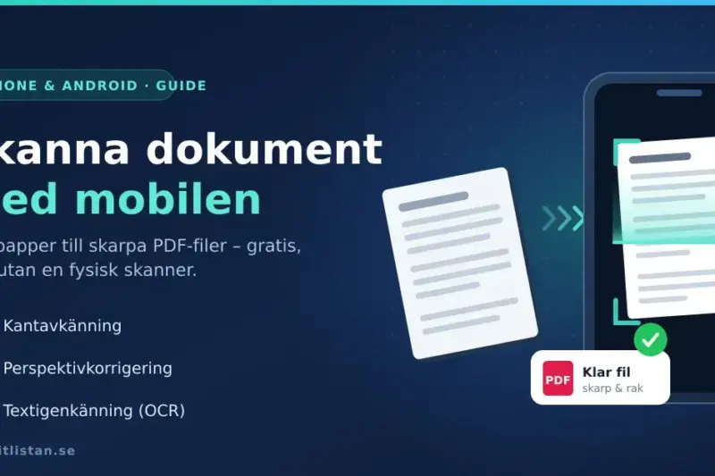Illustration av en mobiltelefon som skannar ett pappersdokument till en färdig PDF-fil, med text om kantavkänning, perspektivkorrigering och textigenkänning (OCR).