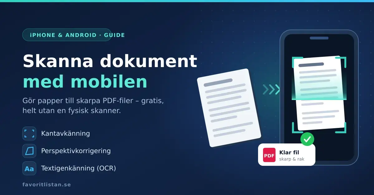 Illustration av en mobiltelefon som skannar ett pappersdokument till en färdig PDF-fil, med text om kantavkänning, perspektivkorrigering och textigenkänning (OCR).