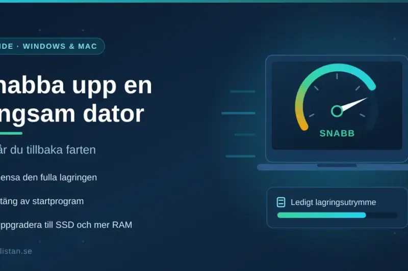 Illustration av en bärbar dator med en hastighetsmätare som visar full fart, bredvid rubriken "Snabba upp en långsam dator" och tips om att rensa lagring, stänga av startprogram och uppgradera till SSD.