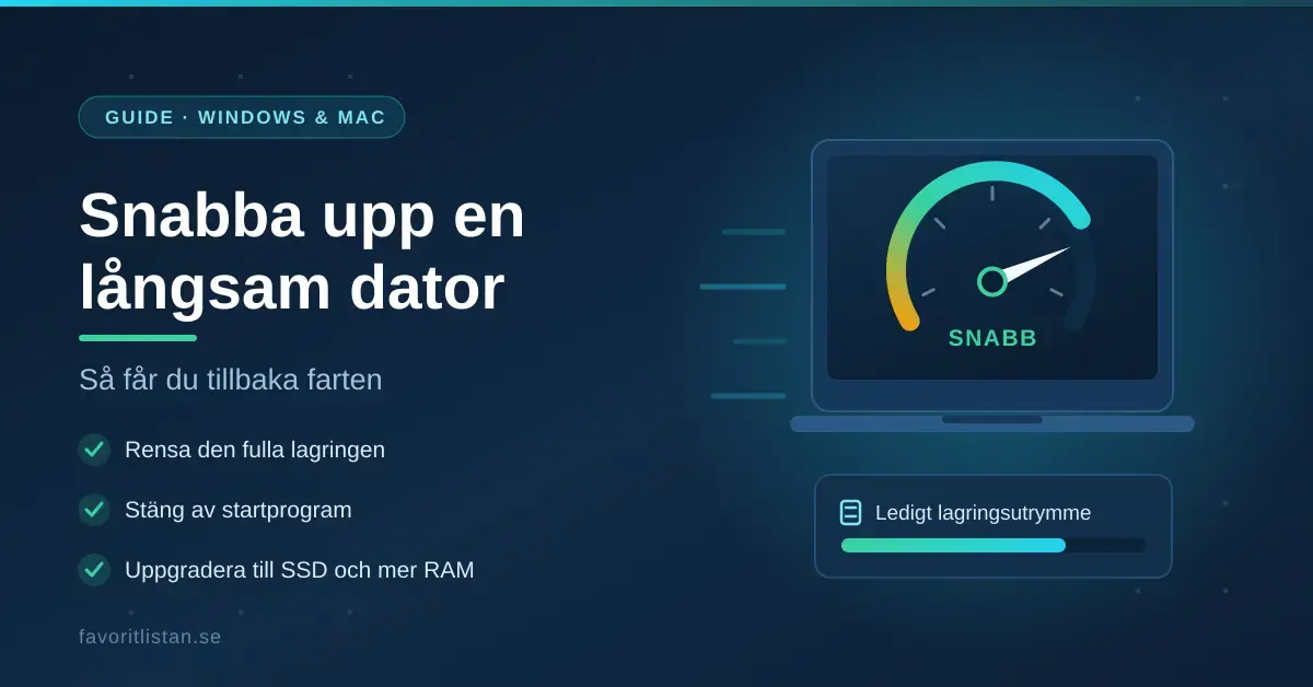 Illustration av en bärbar dator med en hastighetsmätare som visar full fart, bredvid rubriken "Snabba upp en långsam dator" och tips om att rensa lagring, stänga av startprogram och uppgradera till SSD.