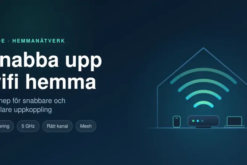 Illustration av ett hus där en router sänder ut wifi-signaler till en mobil och en bärbar dator, med rubriken ”Snabba upp wifi hemma – 12 knep för snabbare och stabilare uppkoppling”.