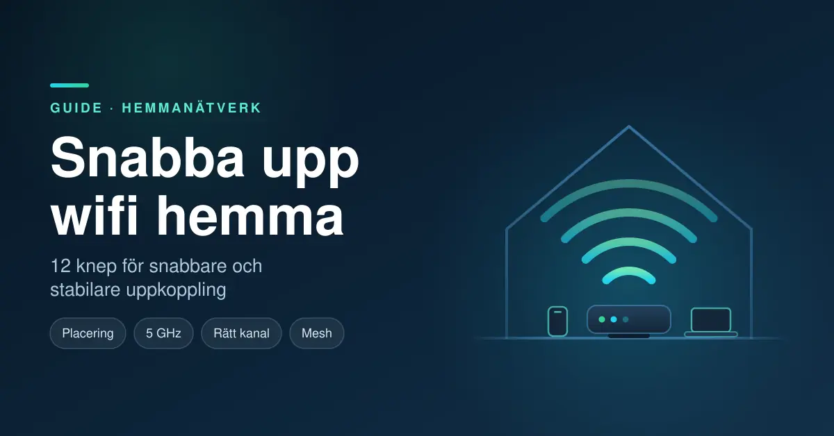 Illustration av ett hus där en router sänder ut wifi-signaler till en mobil och en bärbar dator, med rubriken ”Snabba upp wifi hemma – 12 knep för snabbare och stabilare uppkoppling”.