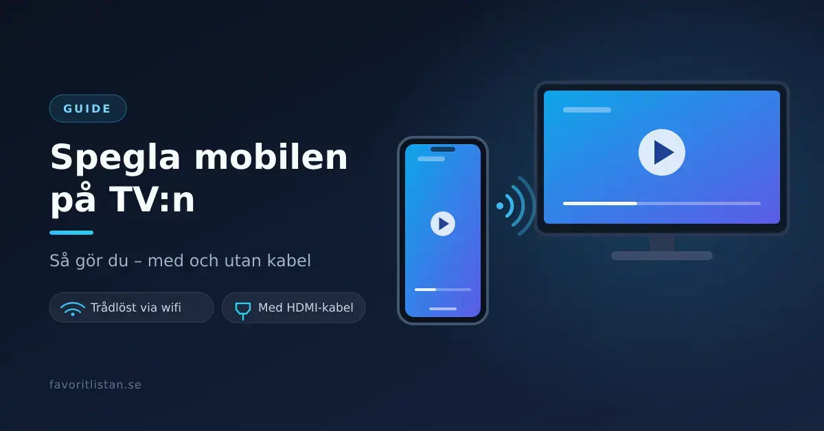En mobiltelefon som trådlöst speglar sin skärm till en TV, med texten "Spegla mobilen på TV:n – så gör du med och utan kabel".