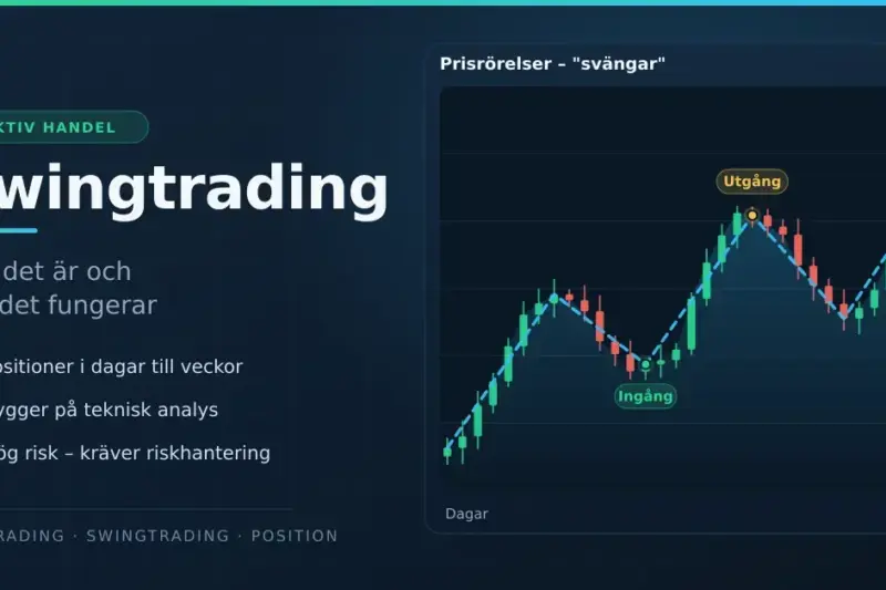 Illustration om swingtrading med rubriken "Swingtrading – vad det är och hur det fungerar" bredvid ett candlestick-diagram där prissvängningar samt markerad ingång och utgång visas.