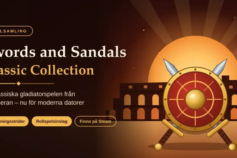 Grafik med texten ”Swords and Sandals Classic Collection” bredvid en röd gladiatorsköld med korslagda svärd framför en colosseumsilhuett i solnedgång.