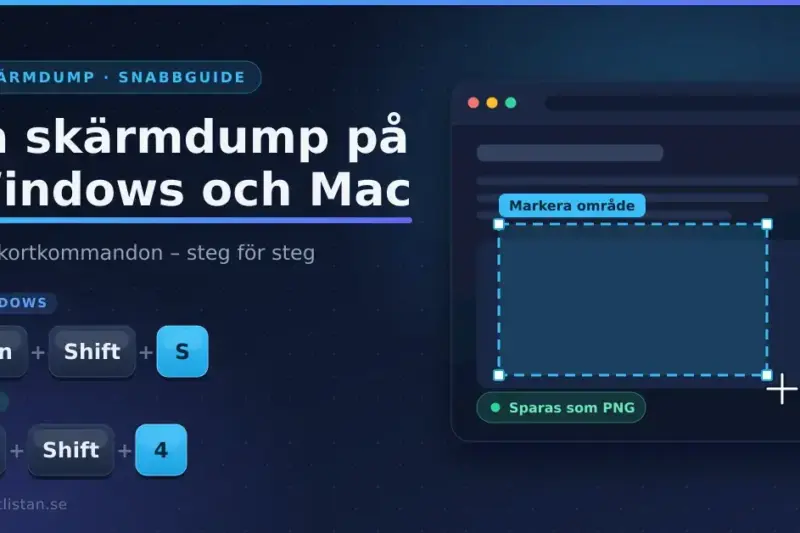 Illustration med rubriken ”Ta skärmdump på Windows och Mac” bredvid tangentkombinationerna Win + Shift + S och Cmd + Shift + 4 samt ett datorfönster där ett område markeras och sparas som PNG.