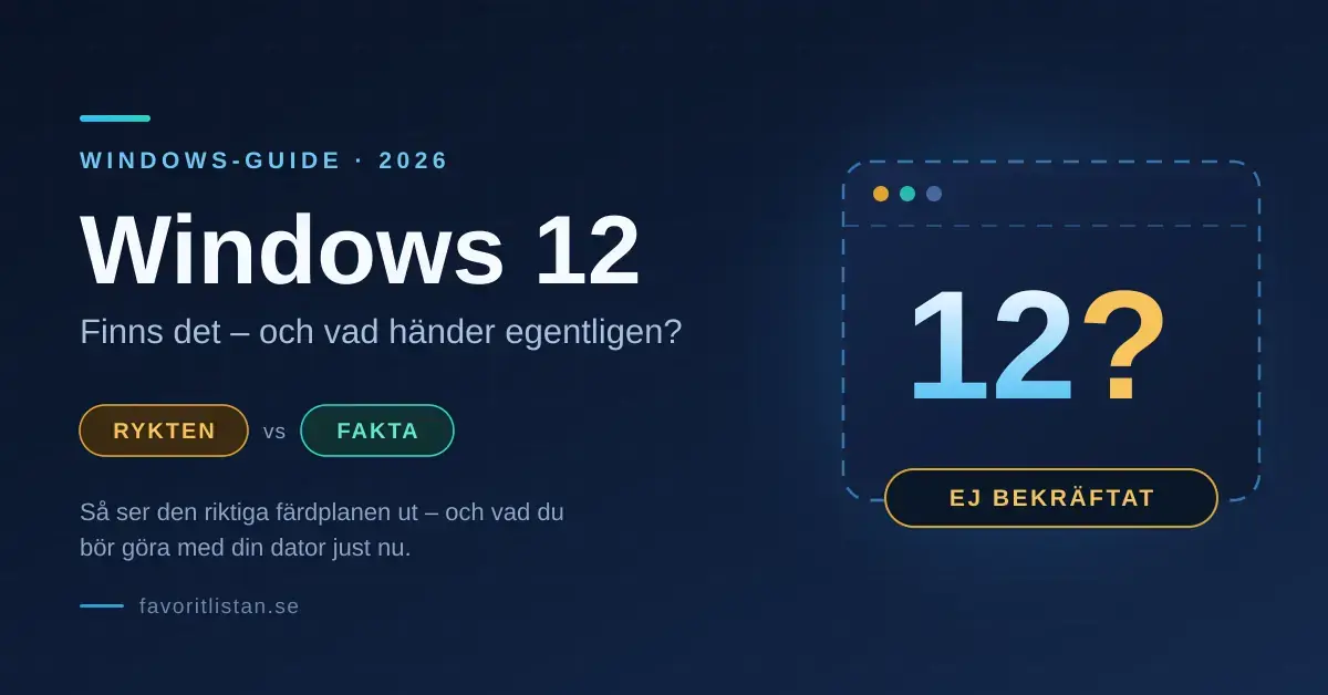 Grafik i mörkblå ton med rubriken ”Windows 12 – finns det och vad händer egentligen?”, etiketterna ”Rykten” och ”Fakta” samt ett streckat fönster med siffran 12, ett frågetecken och texten ”Ej bekräftat”.