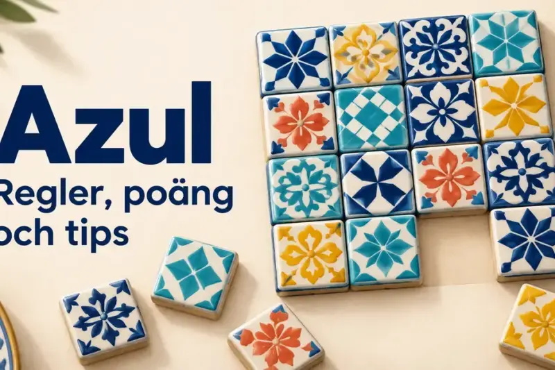Färgglada, mönstrade kakelbrickor bildar en mosaik bredvid texten ”Azul – Regler, poäng och tips”.