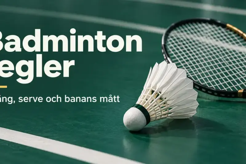 En badmintonracket och en vit fjäderboll på en grön bana med texten ”Badminton regler – Poäng, serve och banans mått”.