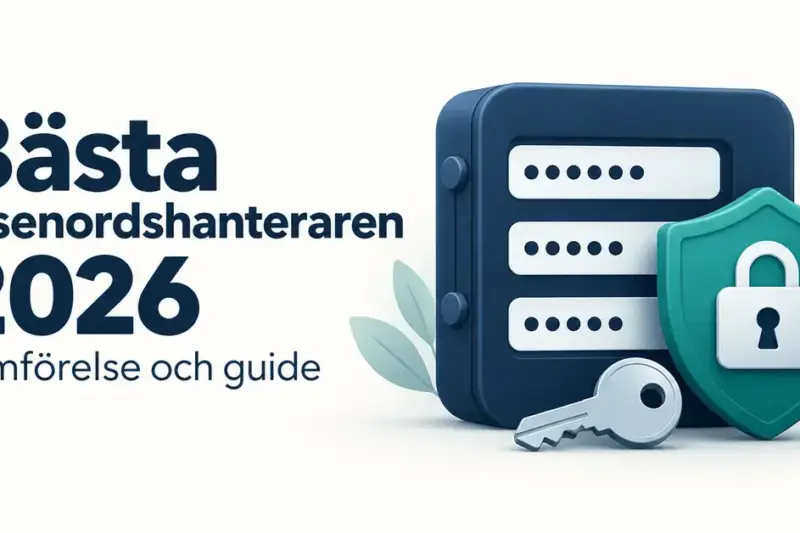 Illustration av ett lösenordsvalv, en sköld med hänglås och en nyckel intill texten ”Bästa lösenordshanteraren 2026 – Jämförelse och guide”.