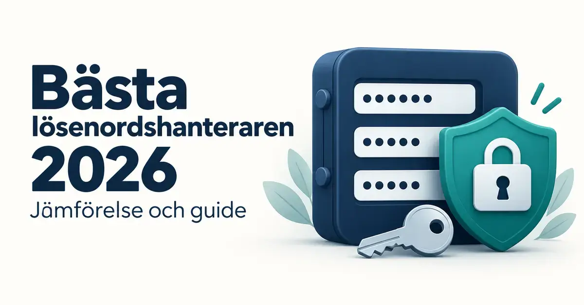Illustration av ett lösenordsvalv, en sköld med hänglås och en nyckel intill texten ”Bästa lösenordshanteraren 2026 – Jämförelse och guide”.