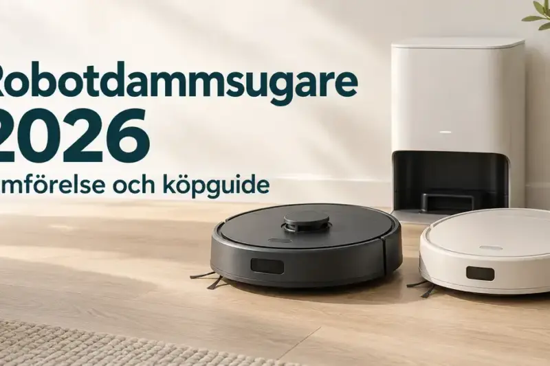 Två robotdammsugare och en tömningsstation på ett ljust trägolv med texten ”Robotdammsugare 2026 – Jämförelse och köpguide”.