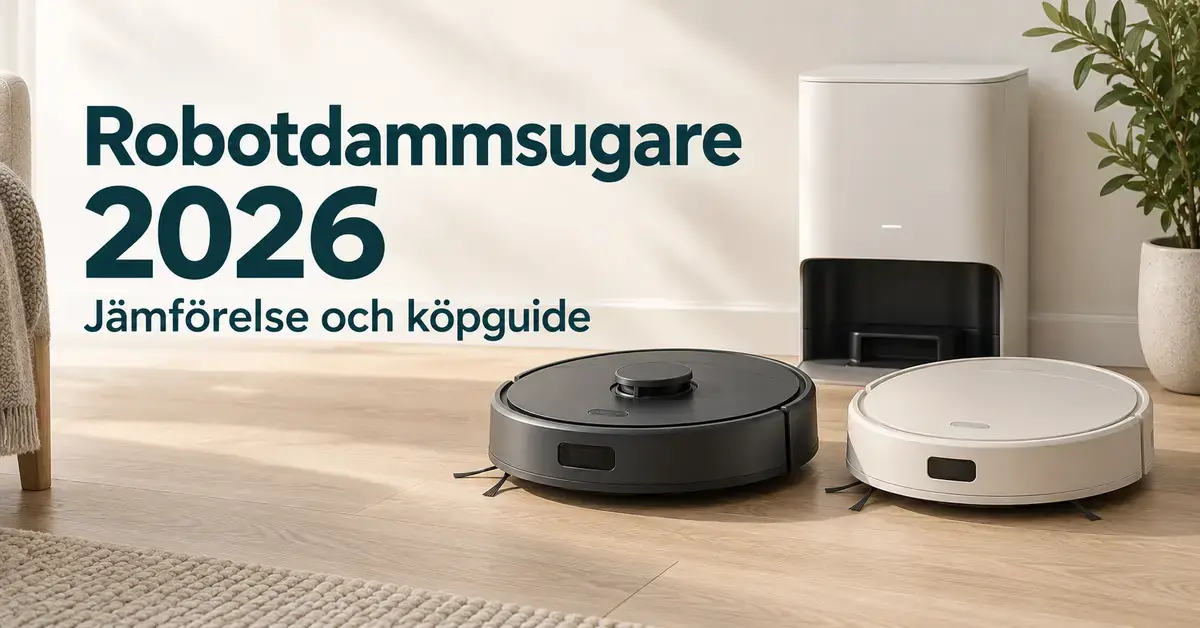 Två robotdammsugare och en tömningsstation på ett ljust trägolv med texten ”Robotdammsugare 2026 – Jämförelse och köpguide”.
