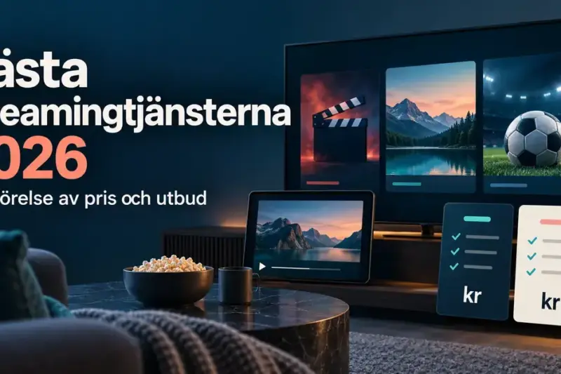 Grafik med texten ”Bästa streamingtjänsterna 2026 – Jämförelse av pris och utbud”, en tv och surfplatta med film, natur och sport samt jämförelsekort med kronor och bockar.