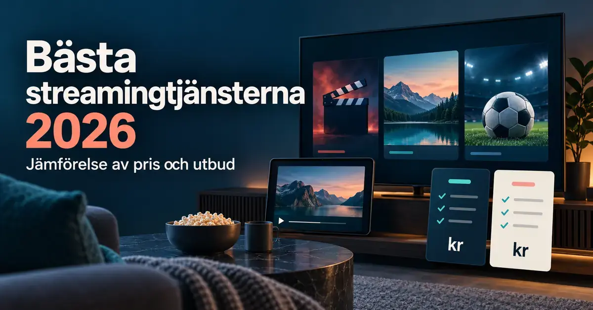 Grafik med texten ”Bästa streamingtjänsterna 2026 – Jämförelse av pris och utbud”, en tv och surfplatta med film, natur och sport samt jämförelsekort med kronor och bockar.