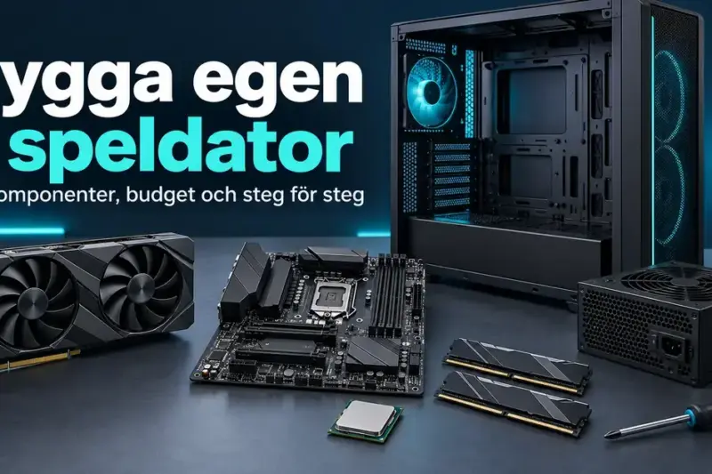 Öppet datorchassi med grafikkort, moderkort, processor, arbetsminne, nätaggregat och skruvmejsel under rubriken ”Bygga egen speldator”.