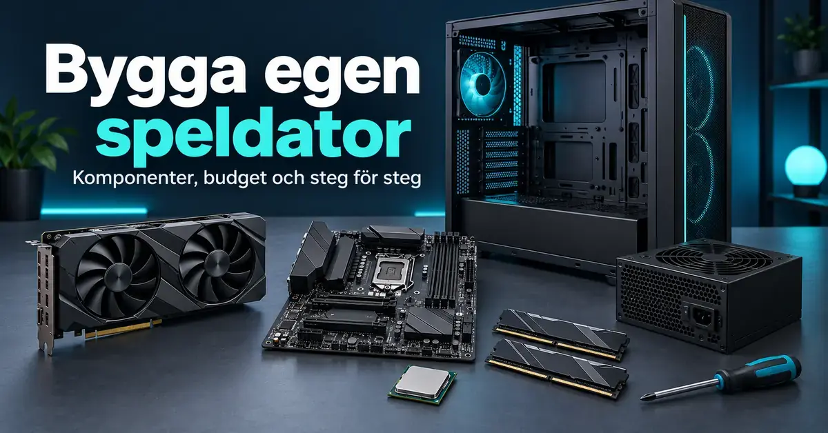 Öppet datorchassi med grafikkort, moderkort, processor, arbetsminne, nätaggregat och skruvmejsel under rubriken ”Bygga egen speldator”.