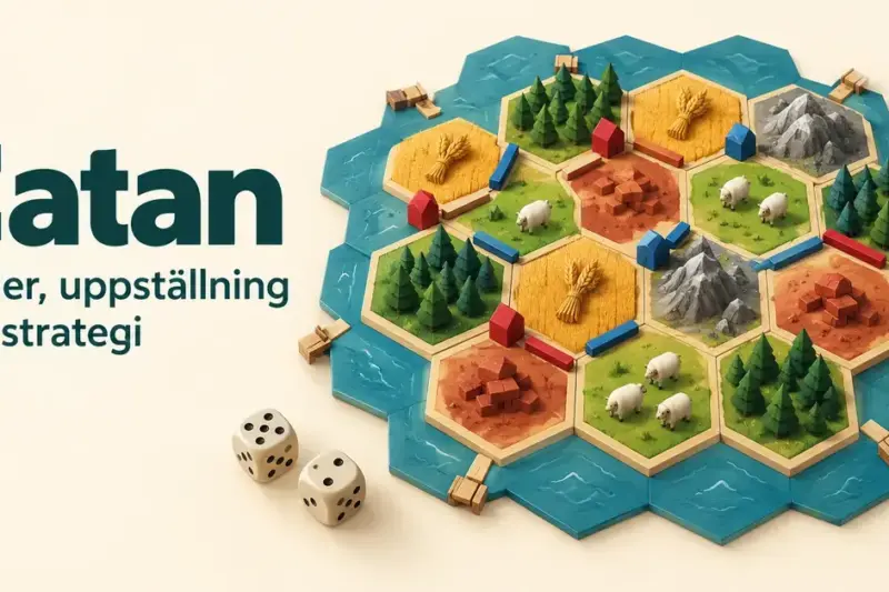 Illustrerat Catan-inspirerat spelbräde med sexkantiga landskapsbrickor, röda och blå hus, vägar och tärningar intill texten ”Catan – Regler, uppställning och strategi”.