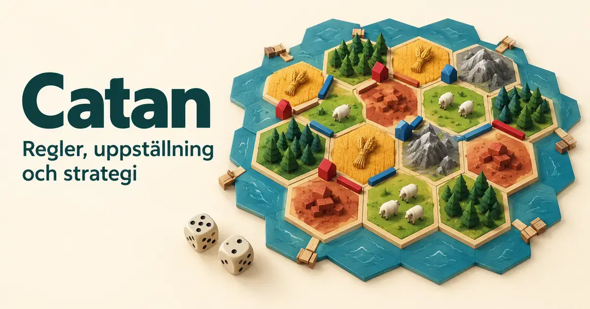Illustrerat Catan-inspirerat spelbräde med sexkantiga landskapsbrickor, röda och blå hus, vägar och tärningar intill texten ”Catan – Regler, uppställning och strategi”.