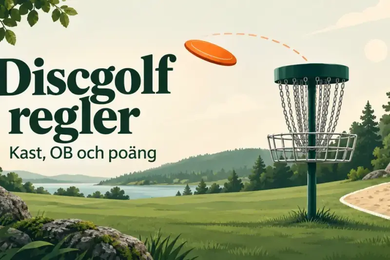 Illustration av en discgolfkorg, en flygande orange disc och en OB-markering i ett grönt landskap med texten ”Discgolf regler – Kast, OB och poäng”.