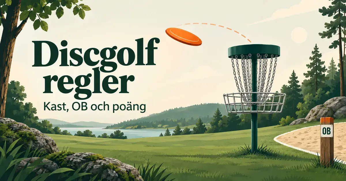 Illustration av en discgolfkorg, en flygande orange disc och en OB-markering i ett grönt landskap med texten ”Discgolf regler – Kast, OB och poäng”.