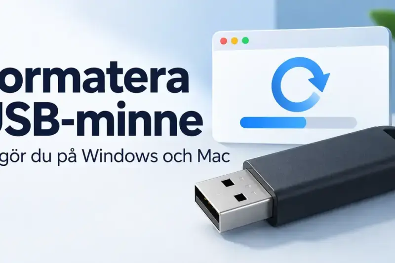 Ett USB-minne framför ett formateringsfönster med rubriken ”Formatera USB-minne” och texten ”Så gör du på Windows och Mac”.