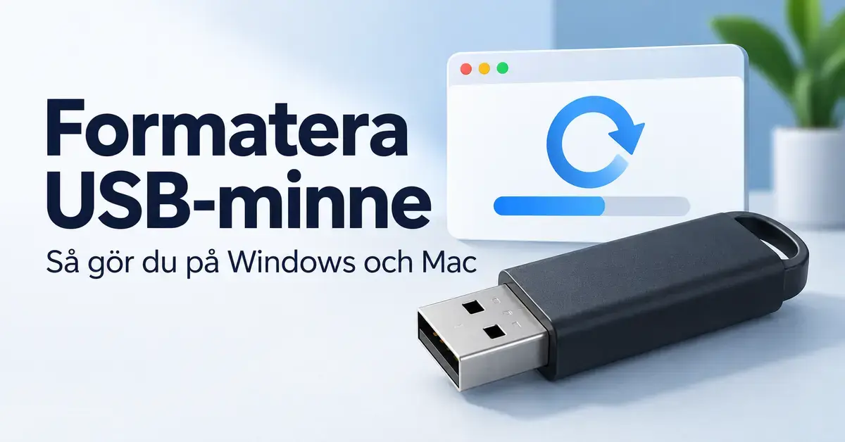 Ett USB-minne framför ett formateringsfönster med rubriken ”Formatera USB-minne” och texten ”Så gör du på Windows och Mac”.