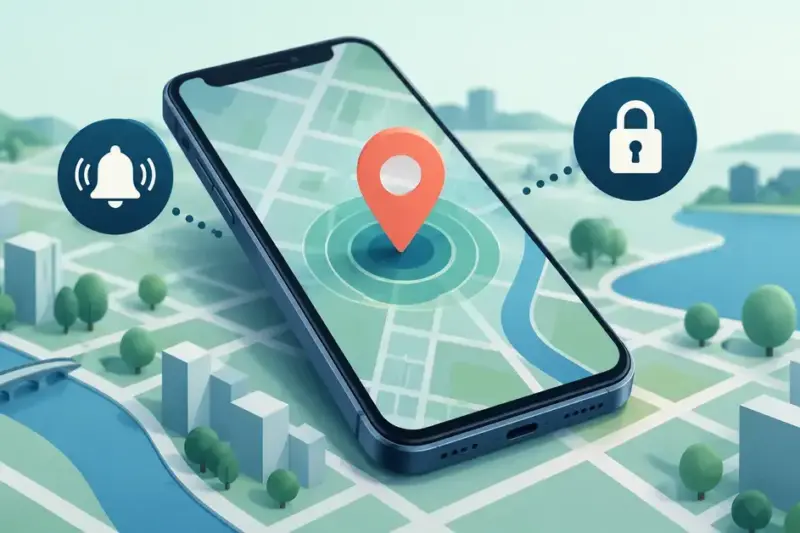 Illustration av en mobiltelefon med en positionsmarkör på en karta och symboler för att spela upp ljud och låsa mobilen på distans.