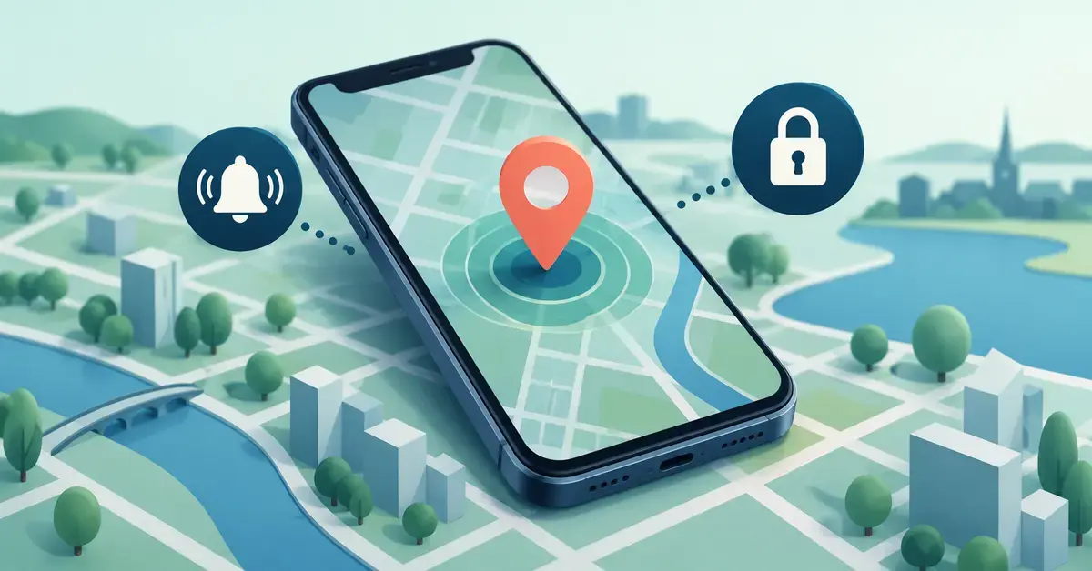 Illustration av en mobiltelefon med en positionsmarkör på en karta och symboler för att spela upp ljud och låsa mobilen på distans.