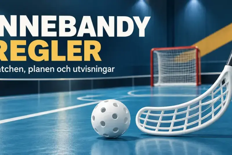 Innebandyklubba och vit hålboll på en inomhusplan med mål och sarg under texten ”Innebandy regler – Matchen, planen och utvisningar”.