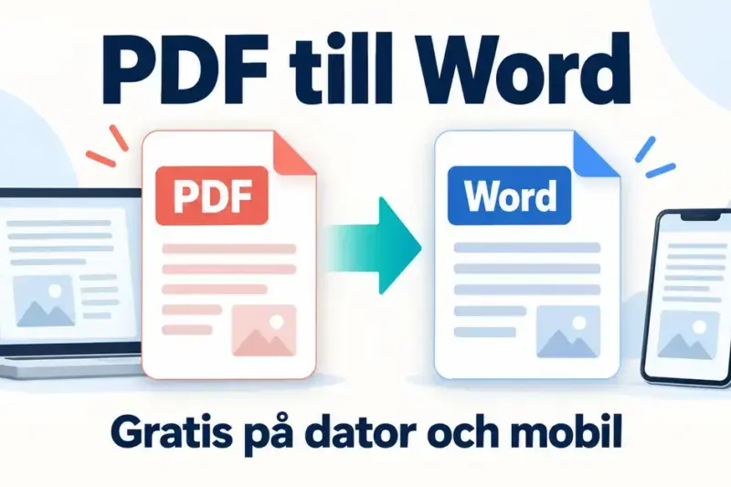 Illustration av en PDF-fil som konverteras till ett Word-dokument med en pil mellan filerna, en dator och en mobil samt texten ”Gratis på dator och mobil”.