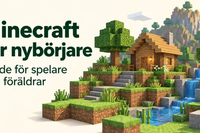 En klossbyggd värld med en trästuga, gröna träd och rinnande vatten bredvid texten ”Minecraft för nybörjare – Guide för spelare och föräldrar”.