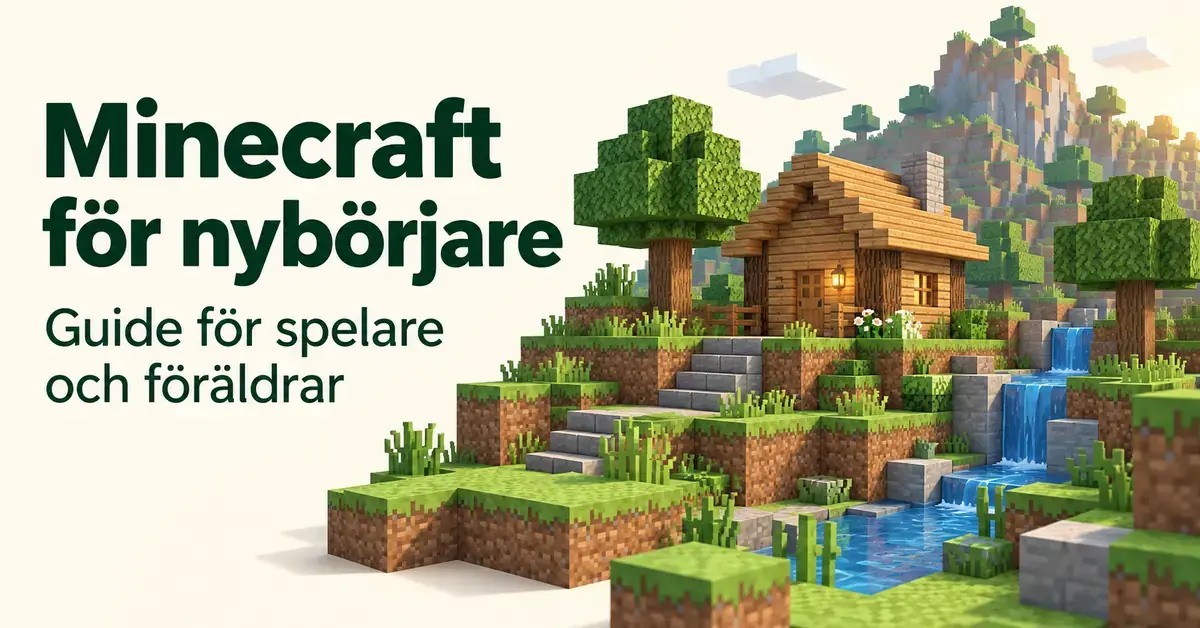 En klossbyggd värld med en trästuga, gröna träd och rinnande vatten bredvid texten ”Minecraft för nybörjare – Guide för spelare och föräldrar”.