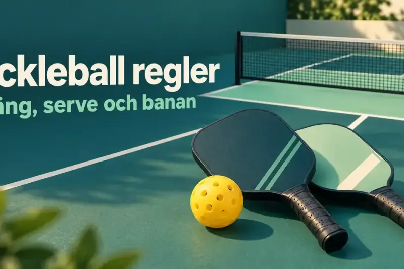 Två pickleballpaddlar och en gul perforerad boll på en grön bana med nät och texten ”Pickleball regler – Poäng, serve och banan”.