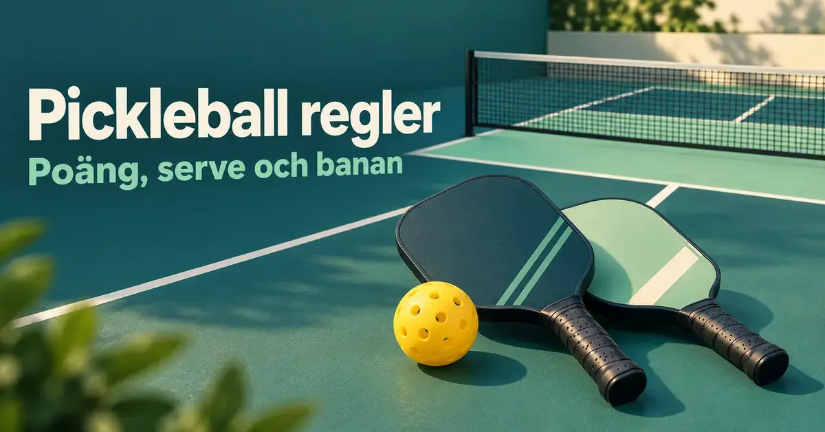 Två pickleballpaddlar och en gul perforerad boll på en grön bana med nät och texten ”Pickleball regler – Poäng, serve och banan”.